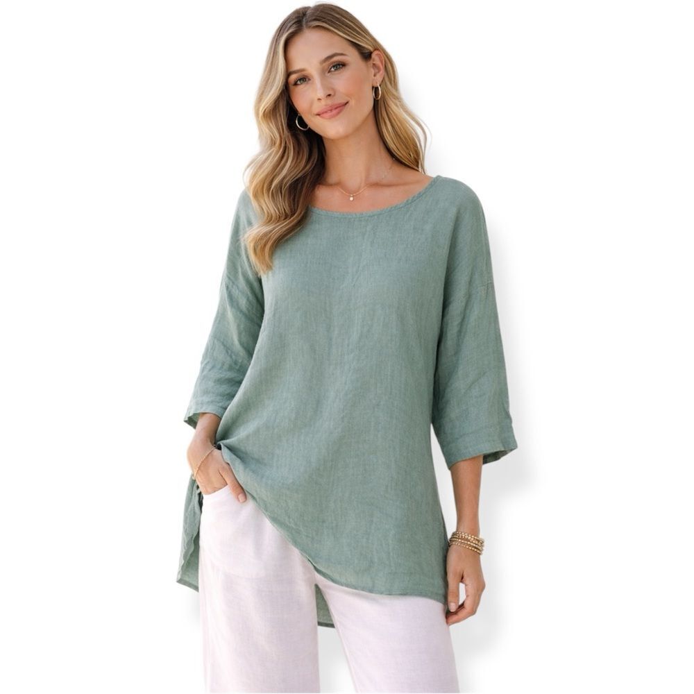 Terzo Millennio Linen Teal Blue Green Lagenlook Oversized Top Minimalist Classic